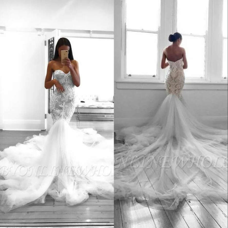 Gorgeous Mermaid Full Wedding Dresses Sweetheart Neck Tulle Sweep Train Lace Appliques Bridal Gowns Vestido De Novia