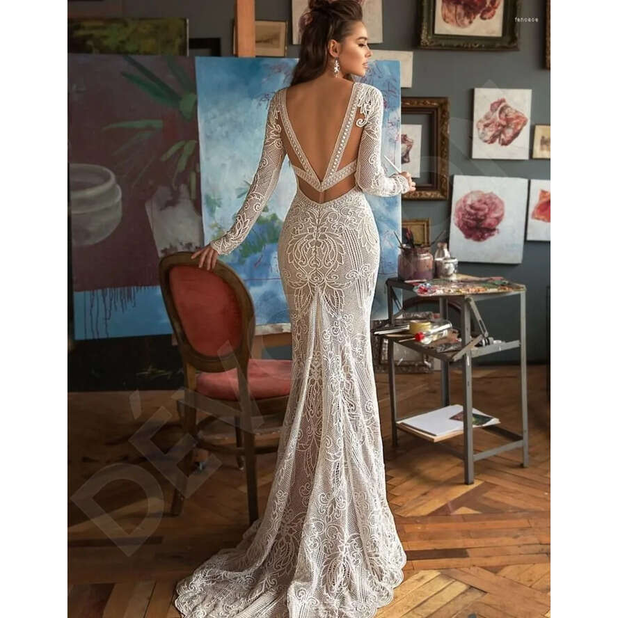 Wedding Dress V-Neck Sexy Long Sleeve Mermaid Sweep Train Lace Elegant Bohemian Boho Open Back Bridal Gown