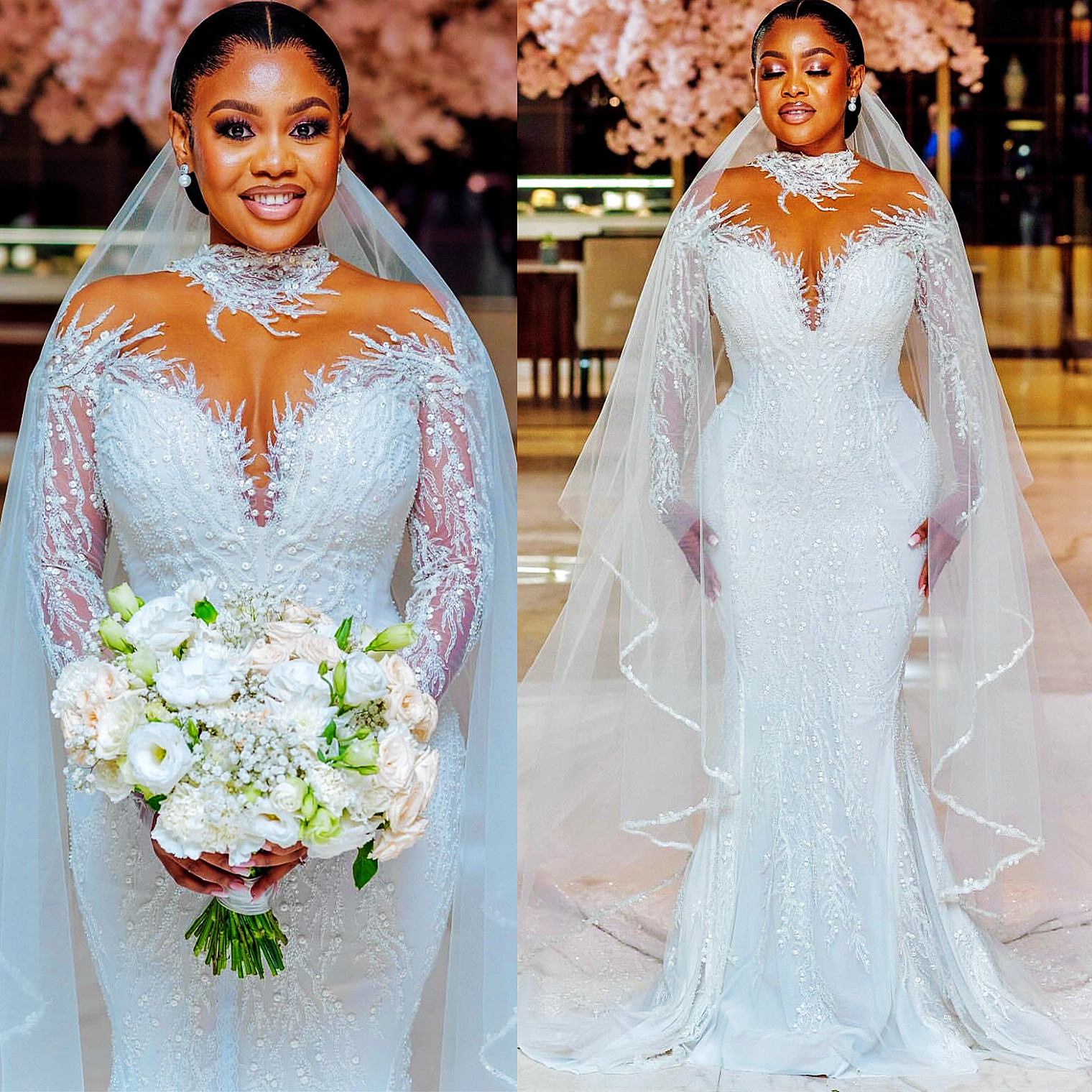 2024 Arabic Aso Ebi Plus Size Off White Mermaid Wedding Dresses Full Sleeves Sheer NeckLace Vintage Elegant Bridal Gowns Dress ZJ0246