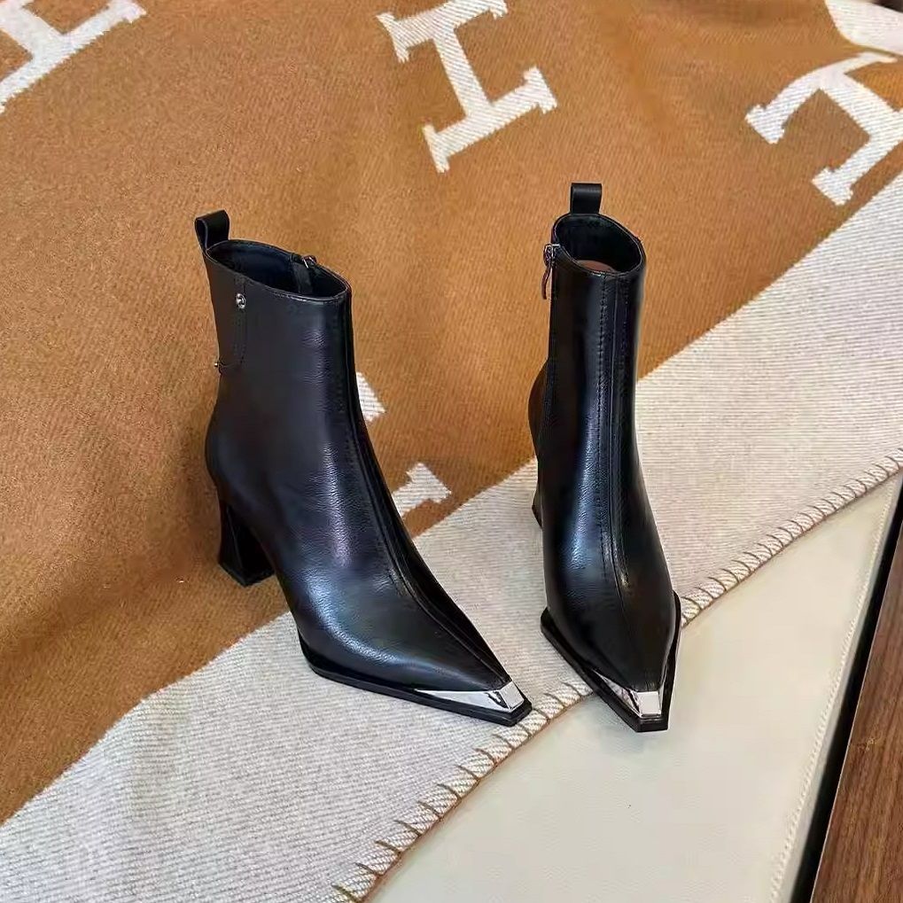 Women's Fashion Boots:Anti Slip High Heel Chunky Heel Pointed Toe Martin Boots Versatile New Design,Black/Brown,Free shipping