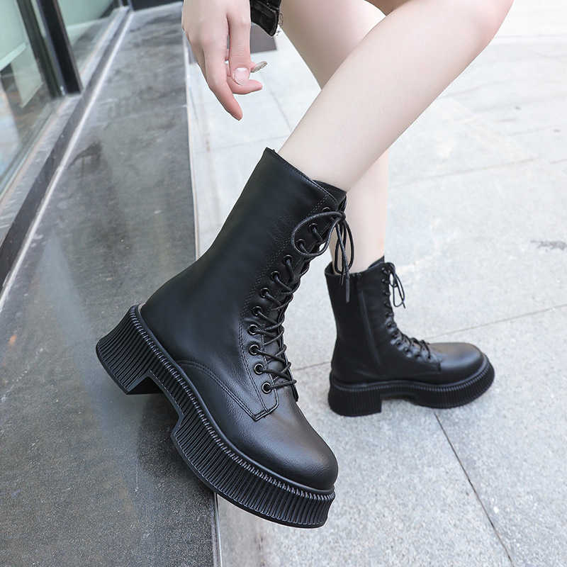 CMM British Thick Heel Plus Size Boots for Women Autumn and Winter Versatile Slimming Lace Up Fashion Chelsea Boots Chimney Boots