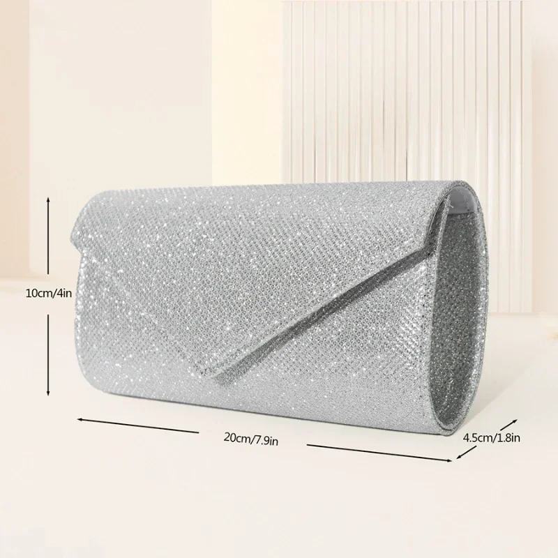 Women Envelope Evening Bag Glitter Ladies Chain Shoulder Bags Shiny Silver Long Purse Female Wedding Party Clutches Mini Handbag 241126