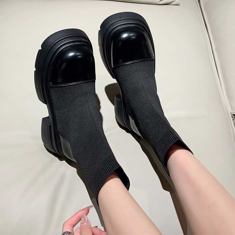 CMM Knitted Slim Boots Womens Autumn and Winter New Fashion Round Toe Thick Soled Short Boots Casual Thick Heel Elastic Sleeve Socks Boots