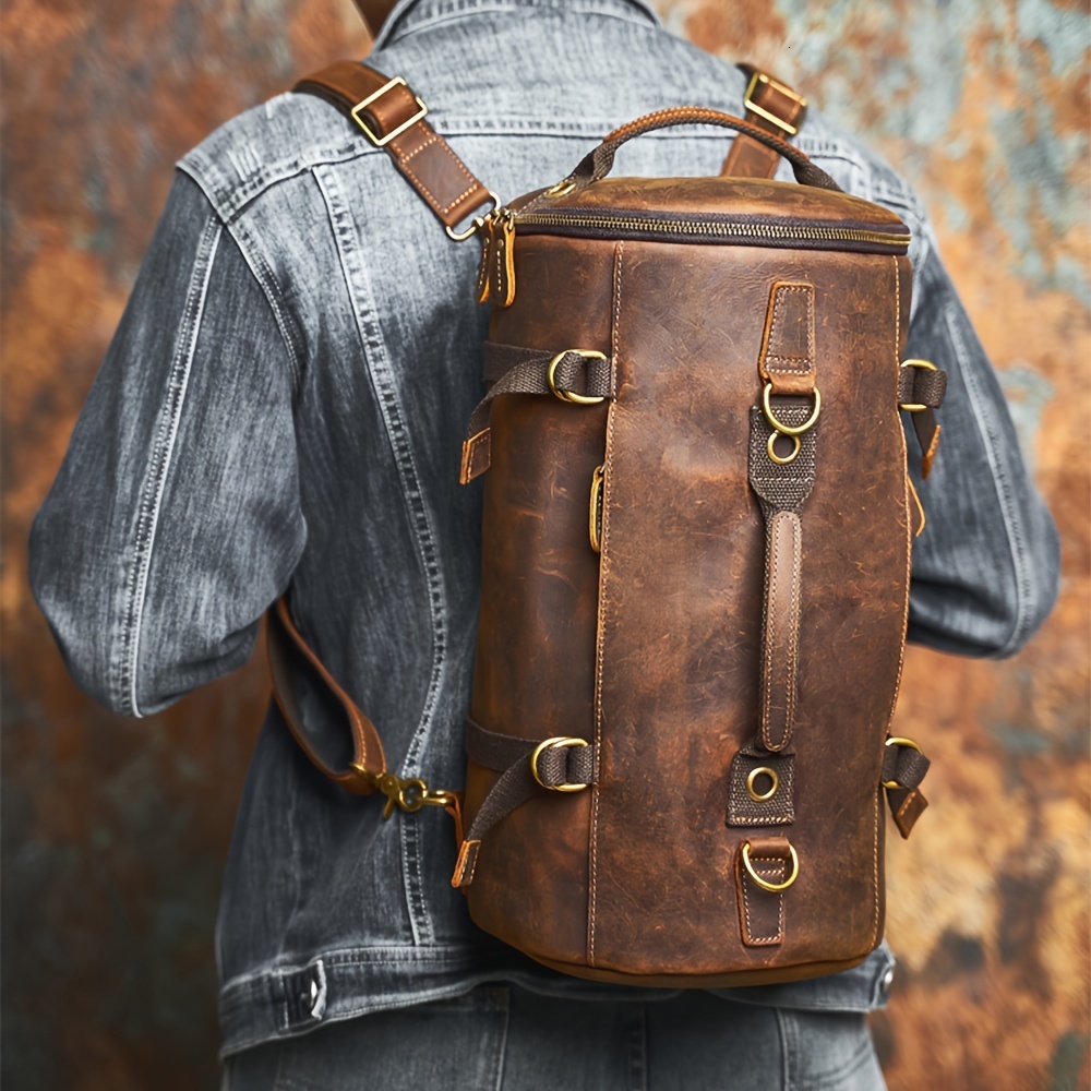 Men's leather bucket backpack, crazy horse leather luggage bag crossbody bag, very suitable for outdoor and leisure travel