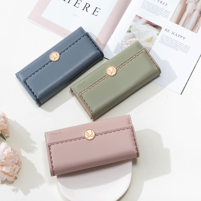 Love Step New Long Women's Solid Color Bow Buckle Three Fold Embroidered Handbag Wallet Clip