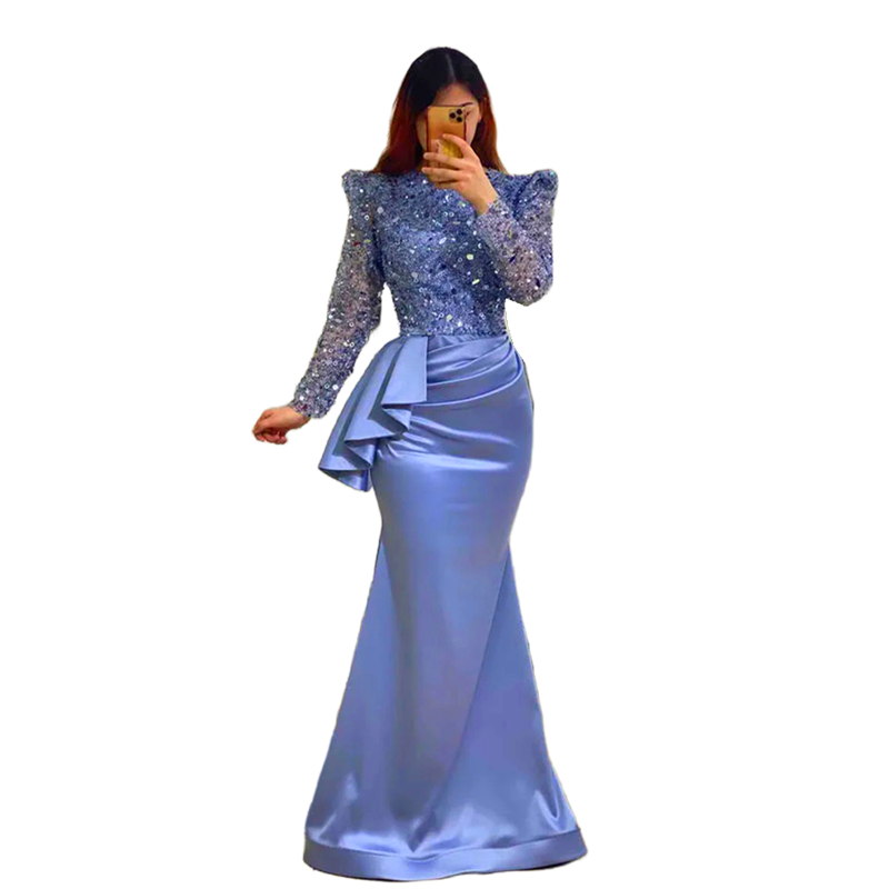Elegant Light Blue Mermaid Evening Dresses Ssequins Beaded Long Sleeves High Neck Satin Prom Dress Pleats Sweep Train Special Occasion Gown For Women 
