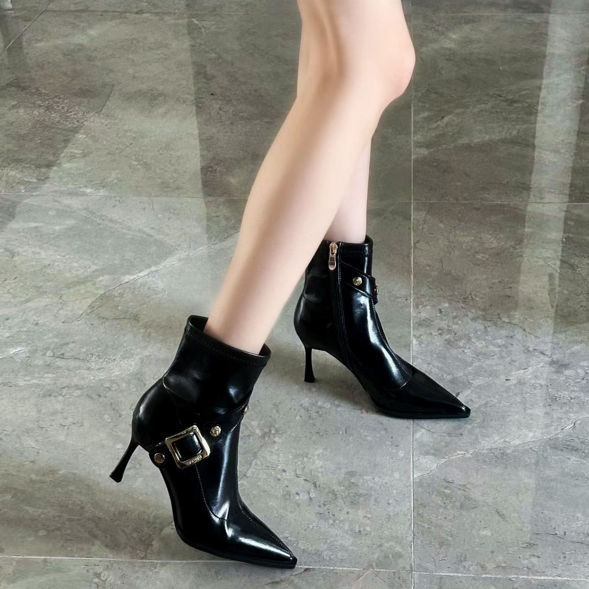Women's Fashion Boots:New Trendy Pointed Toe High Heel Short Boots Slim Heel Versatile Stylish,Black/White,Free shipping