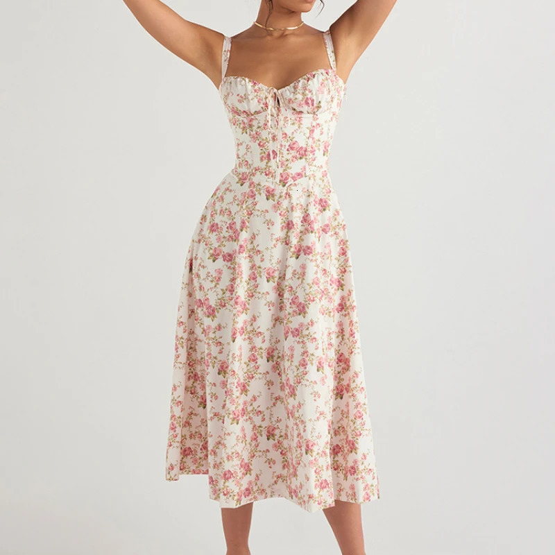 Women Summer Boho Spaghetti Straps Split Thigh Midi Dress Tie Front Solid Floral Print Sleeveless Vintage A Line Beach Dresses 240319