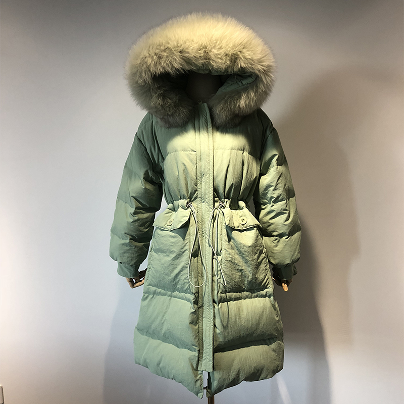 Women's Down Jacket Winter Loose Mid-Length Thickened Drawstring Hooded Big Fox Fur Collar 2022 New Solid Korean Coat