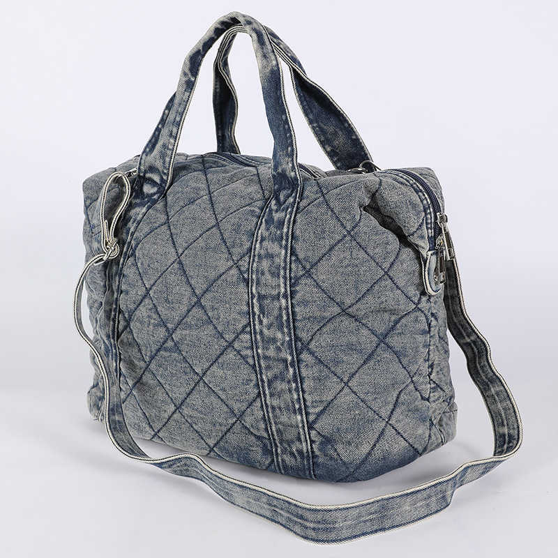 CMM washed denim large capacity embroidered tote bag shoulder bag student return to school travel bag 241115