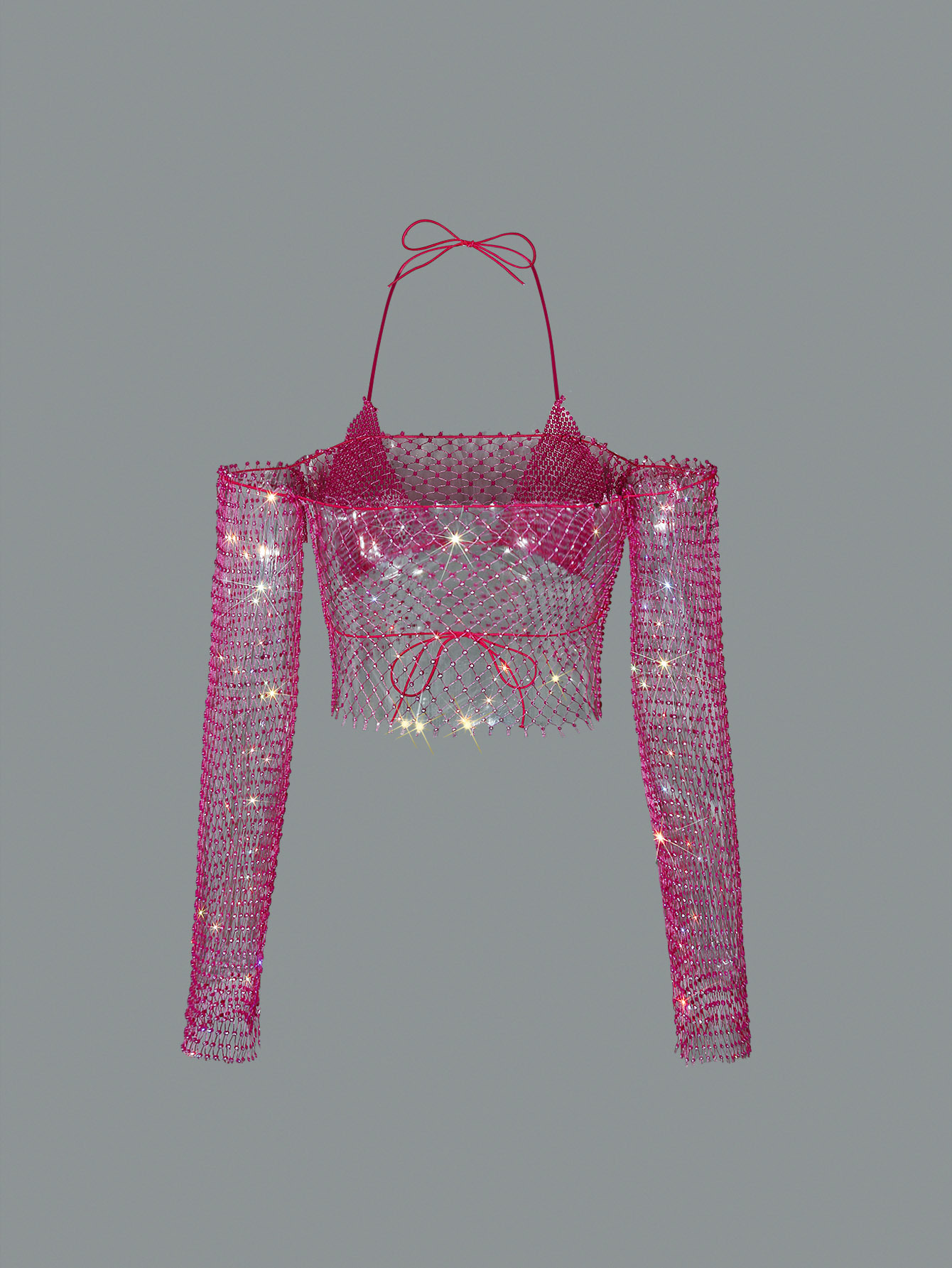 Women's T-Shirt Sling Top 2 Piece Set Sexy Halter Neck Bra And Shiny Rhinestone See Through Mesh Off Shoulder T Short Beach Party Crop Top