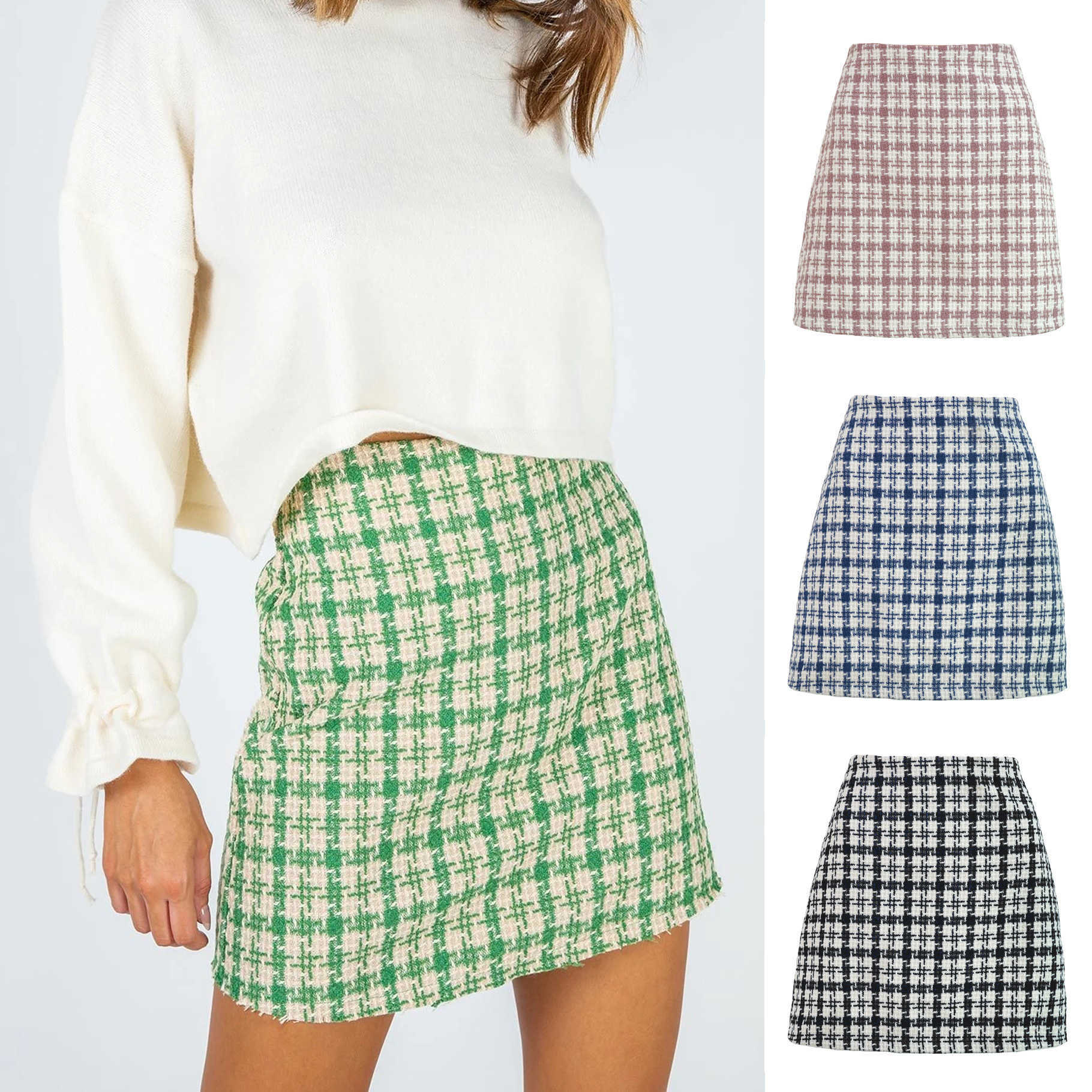 Women Grid A-shaped Short Skirt Autumn And Winter New Style Small Fragrant High Waist Skirt Skirt For Women Career Length Adult Skirts 241023