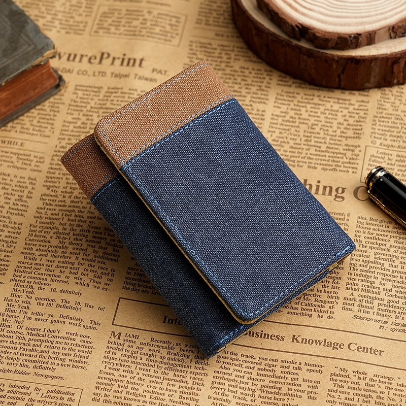 New designer canvas wallet men's short denim contrasting color small leather clip