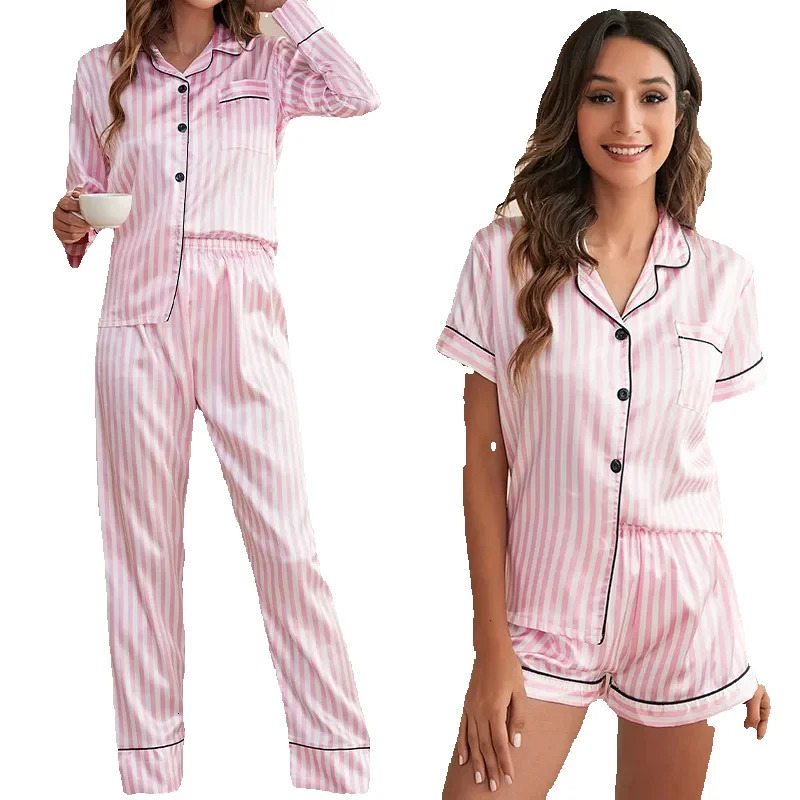 Womens Sleepwear Two Piece Set Pamas For Women Pink Striped Satin Silk Pyjamas Pjs Shorts Sets Summer Spring Loungewear Home Clothes