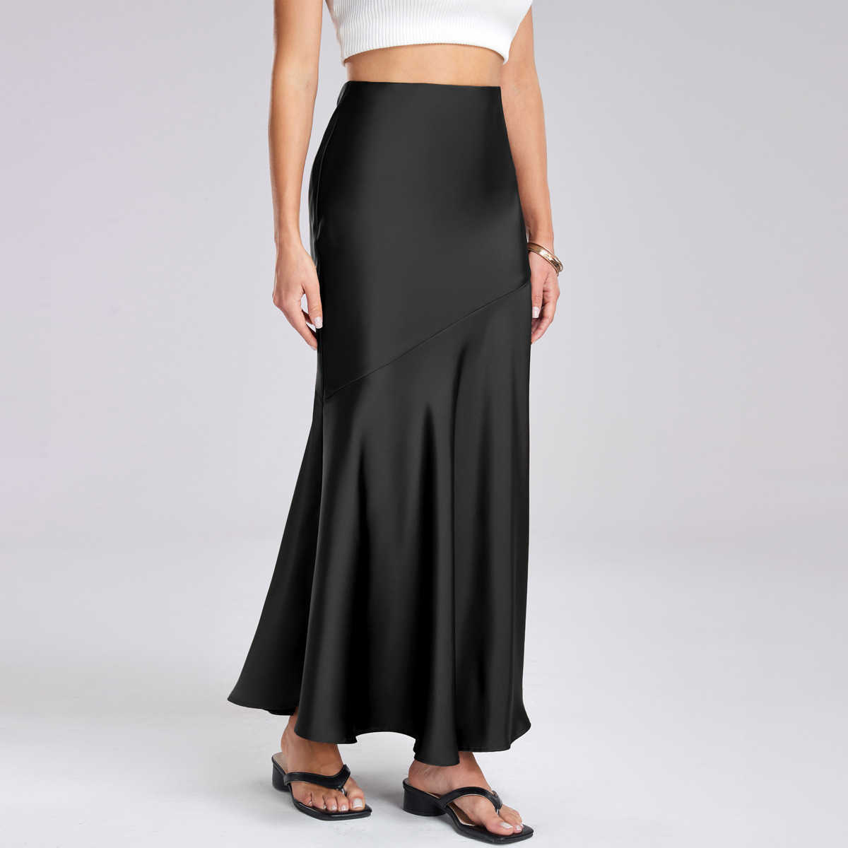 WoMens Acetate Satin Long Skirt With High Waist And Elastic Career Skirts Splicing Slim Fit And Slimming Hip Hugging Skirt Clothes For Women 241023