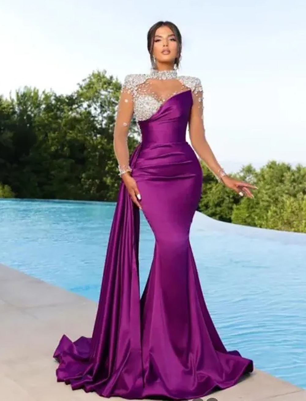 Purple Prom Dresses Party Gown Mermaid Trumpet Girl Illusion Beaded Crystal Applique Sequins New Custom Plus Size Formal High Neck Long Sleeve Elastic