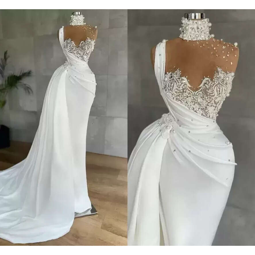 2023 Designer Mermaid Dresses Lace Applique Beaded Pearls Rhies Illusion High Neck Sweep Train Satin Custom Made Wedding Gown Vestido De Novia
