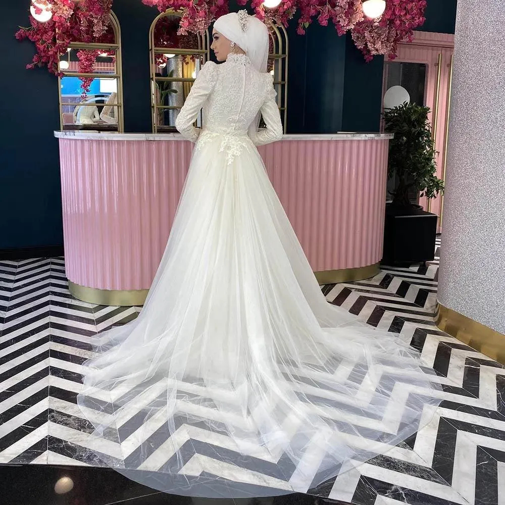 Lace Mermaid Muslim Wedding Dresses Long Sleeves High Neck Ivory Bridal Gowns Arabic Islamic Formal Dress Hijab Vestido De Novia