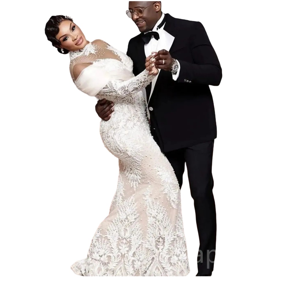 2024 Arabic Mermaid Wedding Dresses Illusion High Neck Lace Appliques Crystal Beads Pearls Long Sleeves Bridal Gowns Plus Size Overskirts Light Champa