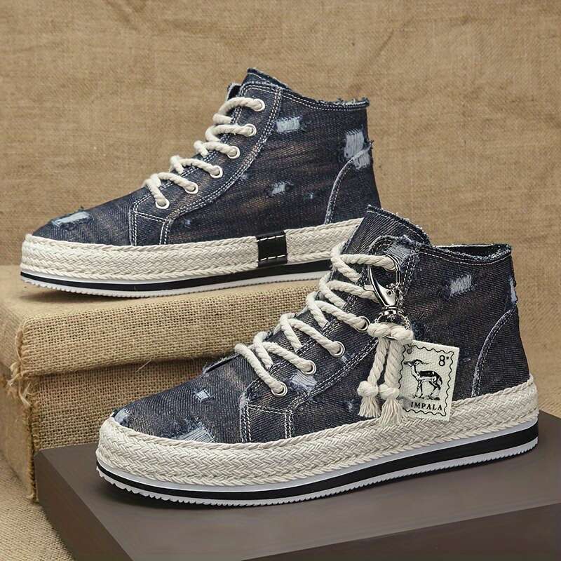 Distressed Denim High Top Skate Shoes With Good Grip, Breathable Lace-up Sneakers, Men's Footwear, Espadrilles Inspired Look.
