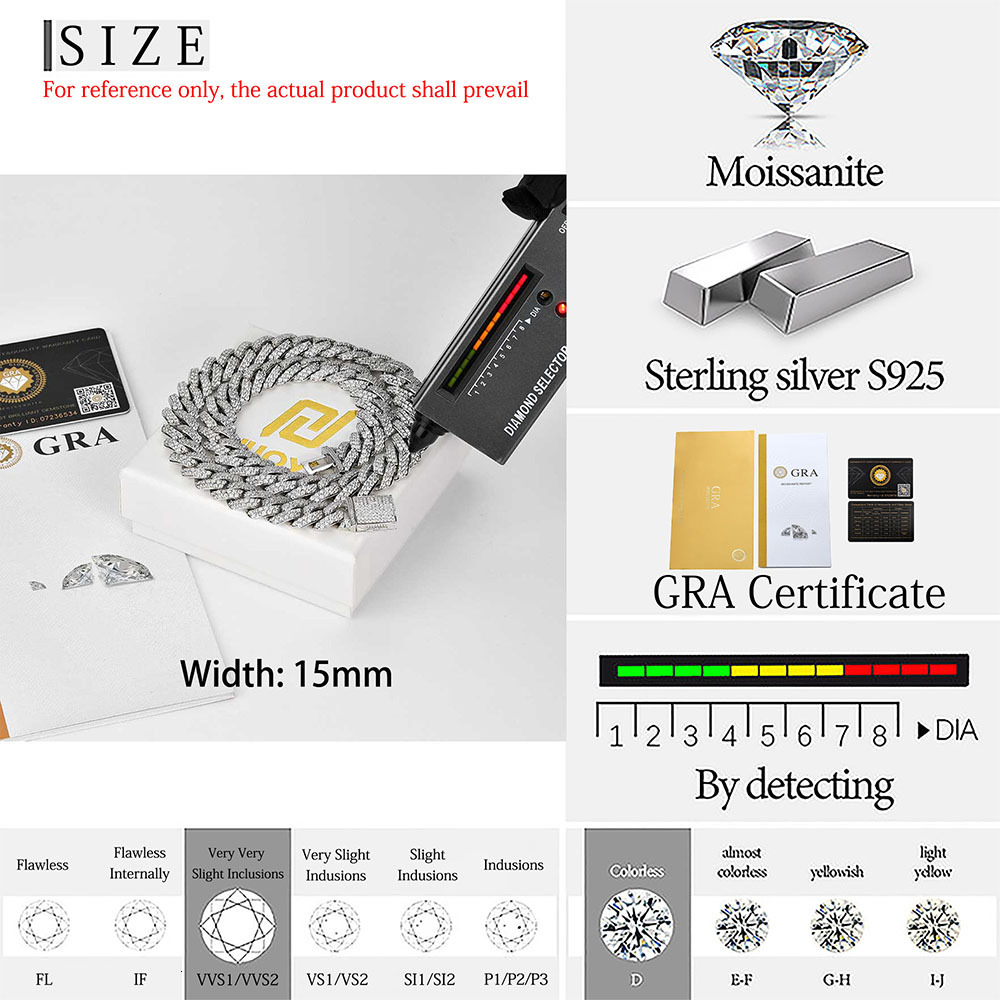 15MM Hip Hop Jewelry Iced Out Sterg Sier Necklace Setting VVS Moissanite Dia Miami Cuban k Chain Box Buckle