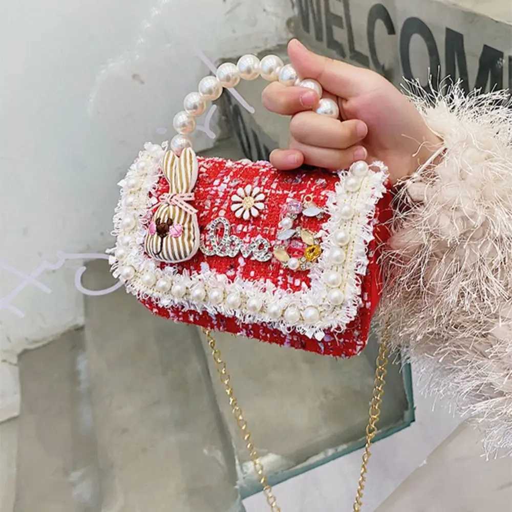 Pearl Handle Mini Chain Crossbody Bag Fashion Square Coin Purse Kids Handbag Clutch Bag Bow-knot Princess Shoulder Bag LX241104