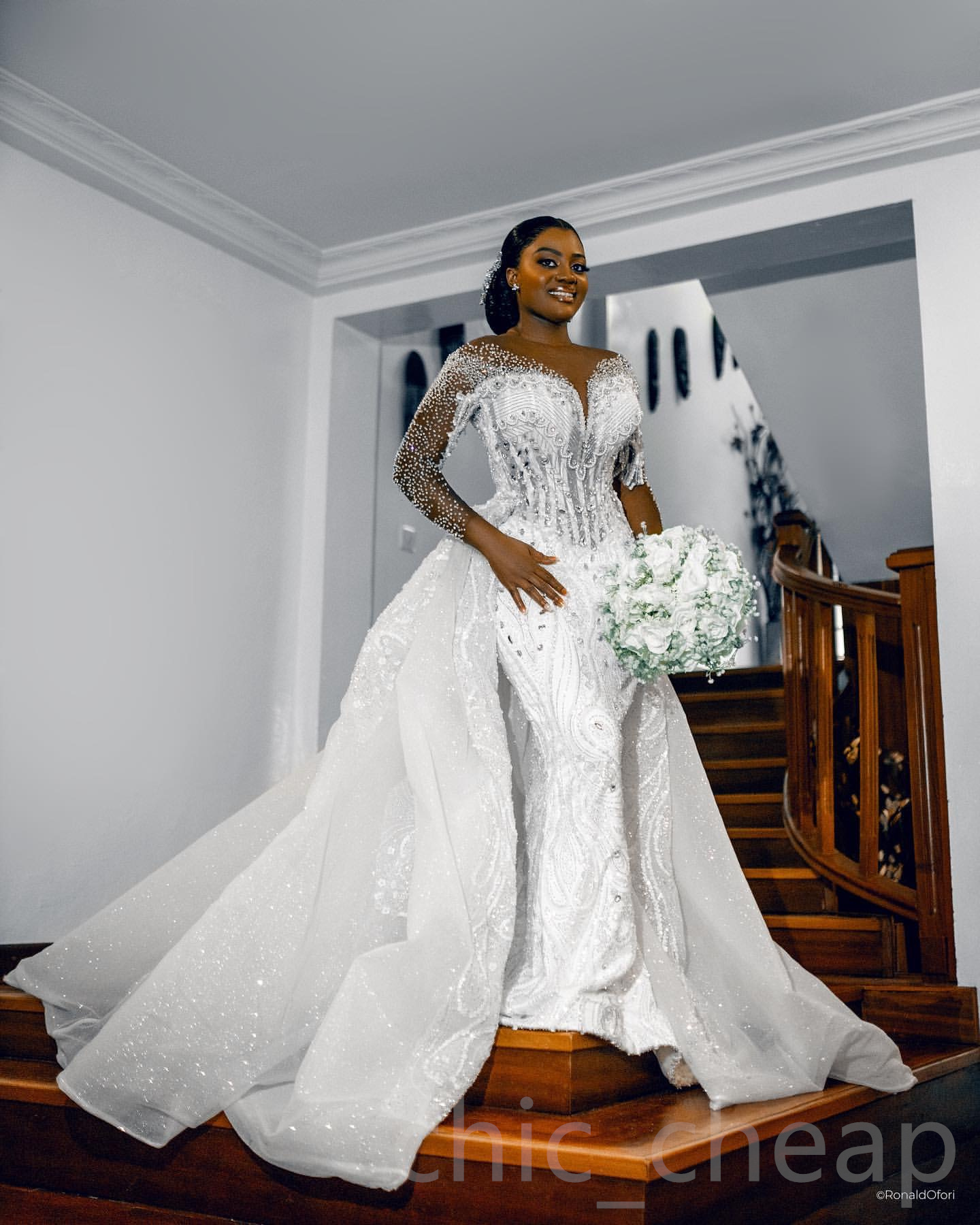 Aso Arabic Ebi Plus Size Ivory Lace Mermaid Wedding Sheer Neck Full Sleeves Rhies Beaded Detachable Train Bridal Gowns Dresses