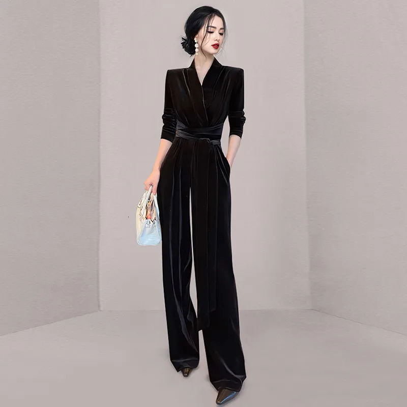 elegant autumn purple velvet jumpsuit womens V-neck high waisted lace pocket office womens wide leg jumpsuit 241031