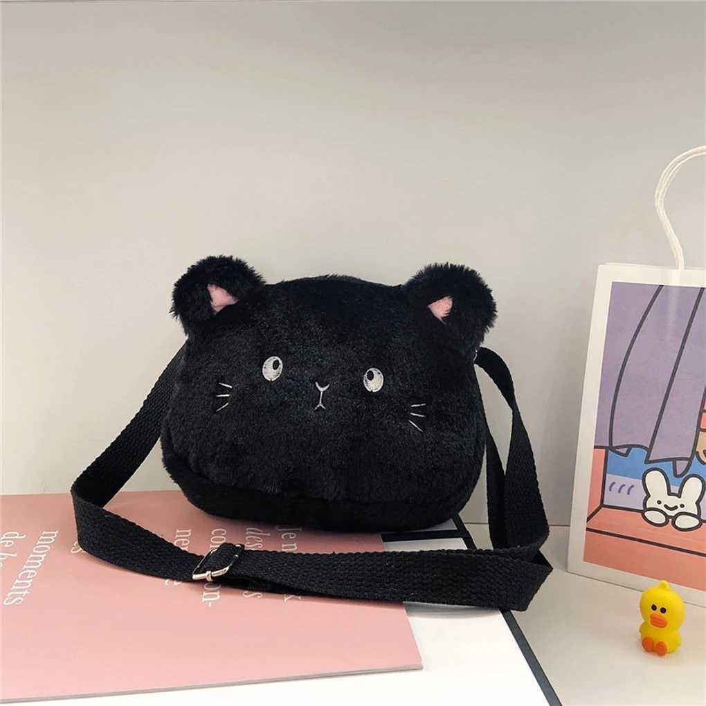 Cat Baby Girls Crossbody Bags Cute Plush Children Shoulder Bag Winter Animal Shape Small Coin Purse Black LX241104