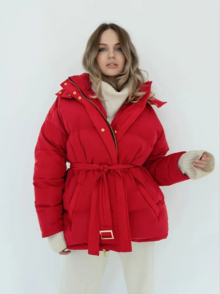 Wolfeel Fashion Thicken Warm Puffer Coats Women's Autumn Winter Cap Zip Soft Bread Parkas Office Lady Belt Cotton Jacket