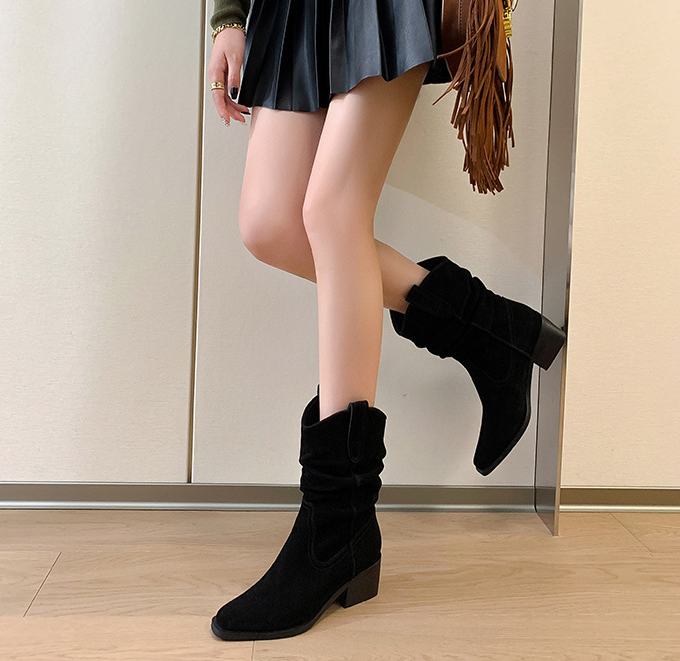 Women's Fashion Boots:Matte Chunky Heel Pointed Toe Middle Boots Winter Trendy Wear,Black/Brown,Free shipping