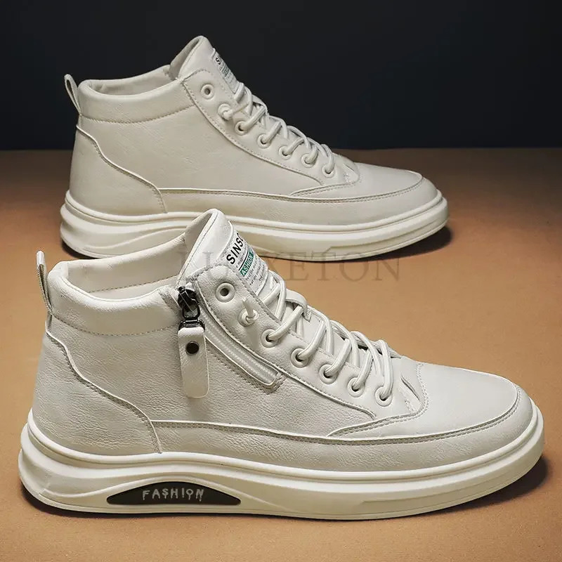 Men leather casual shoes 2024 fashionable and comfortable soft men high top side zipper mid sports 241104