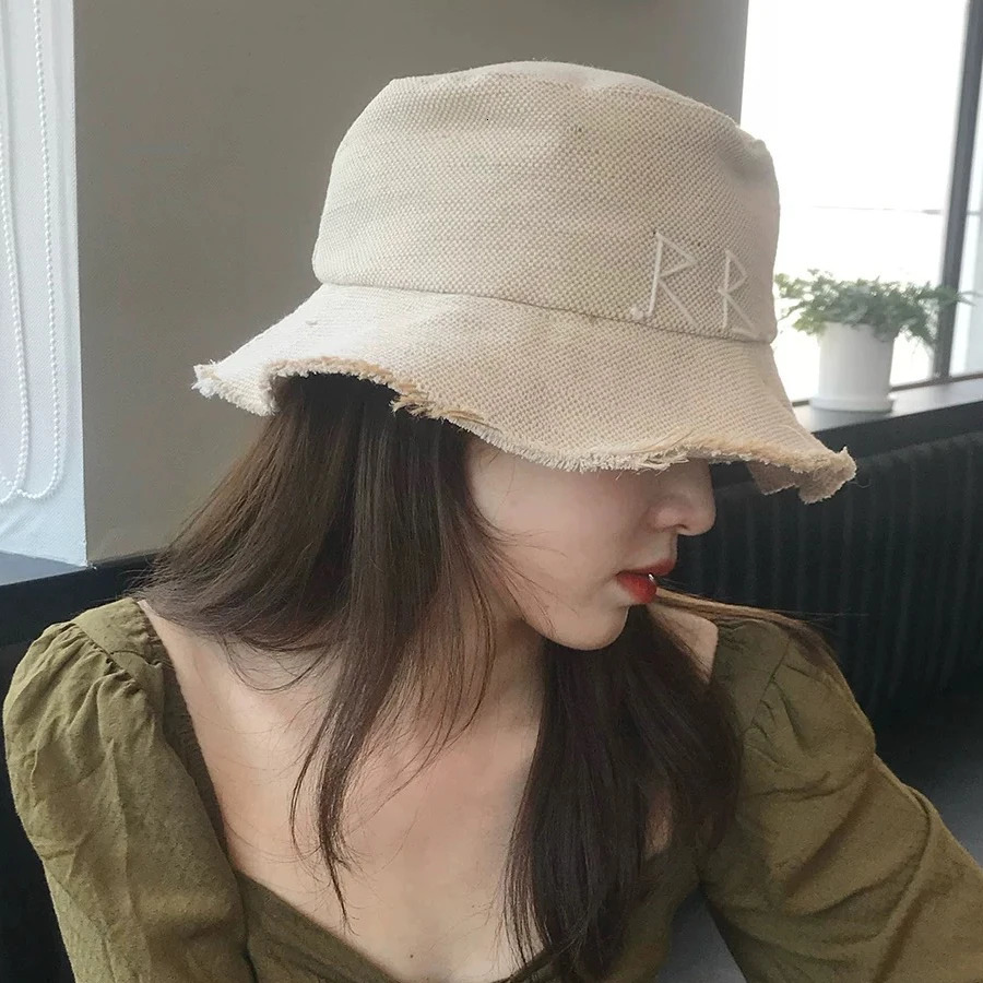 Cotton Linen Bucket Hats Women Men Summer Letter Embroidery Breathable Hats 241104