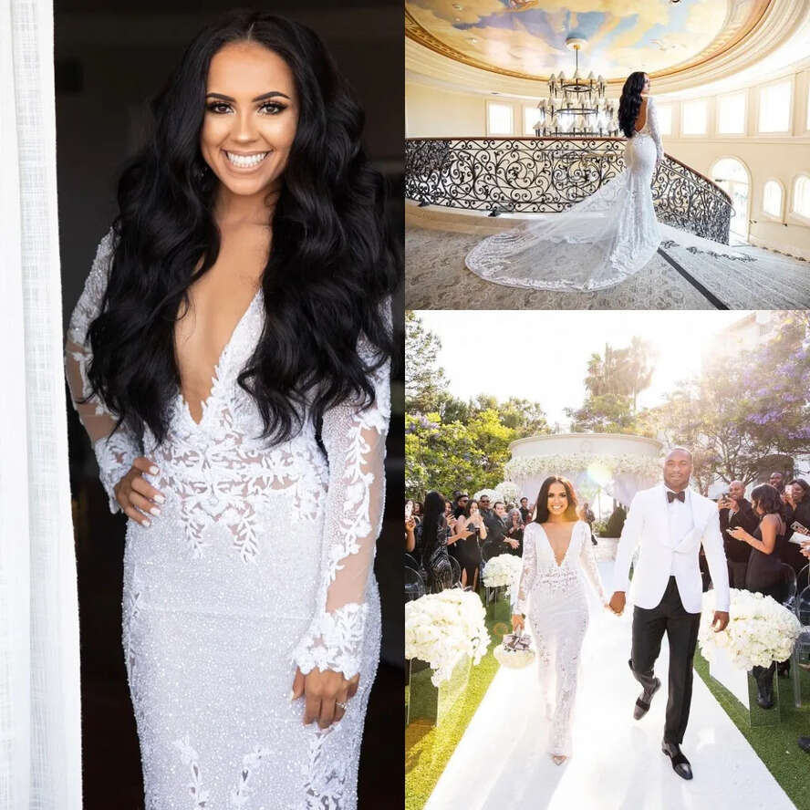 African Full Lace Wedding Dress 2019 Sexy Mermaid Deep V Neck Backless Bridal Gowns With Super Long Sleeves Robe De Soriee