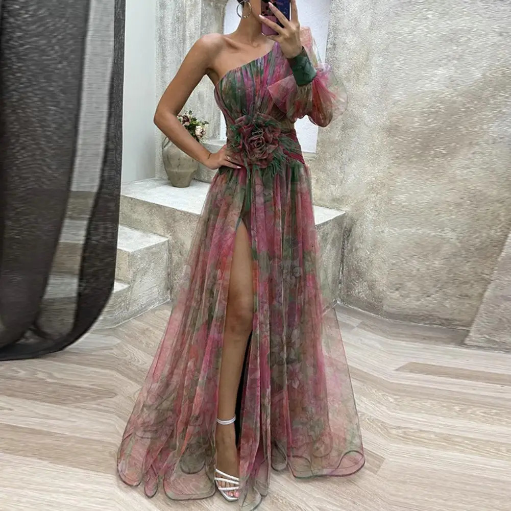 Tiedye Print Offshoulder Dress Formal Evening Elegant One Shoulder Ball Gown with Mesh Bubble Sleeve Split Hem 240411