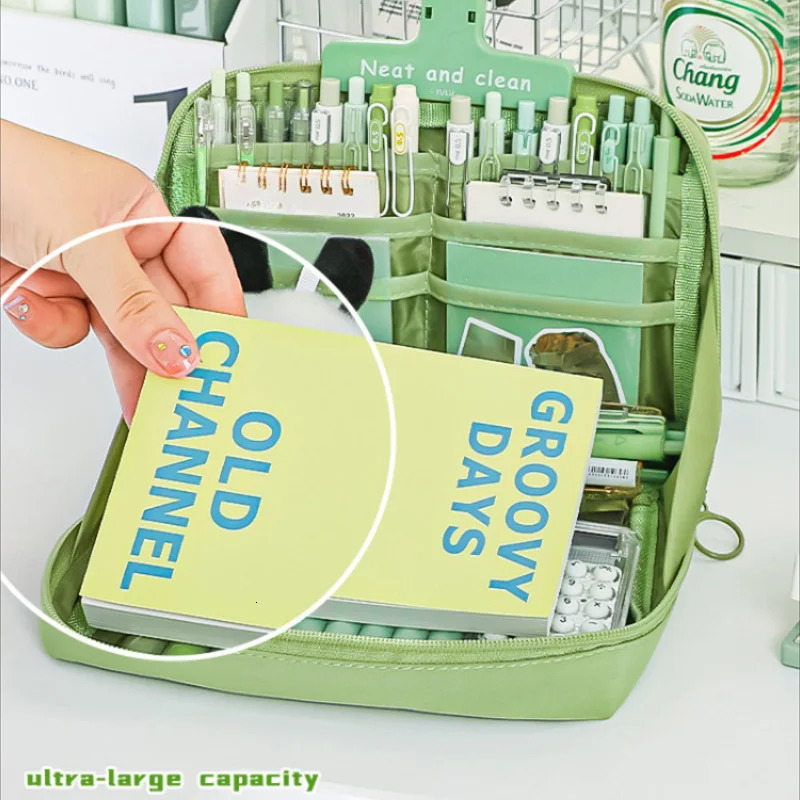 Multilayer 90° Open Pencil Case Large Capacity Green Student Cloth Pen Bags School Stationery Organizer Supply Pouch 241029