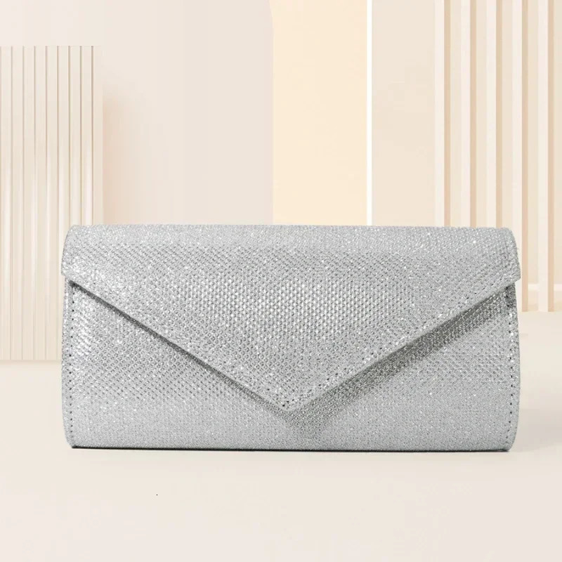 Women Envelope Evening Bag Glitter Ladies Chain Shoulder Bags Shiny Silver Long Purse Female Wedding Party Clutches Mini Handbag 241126