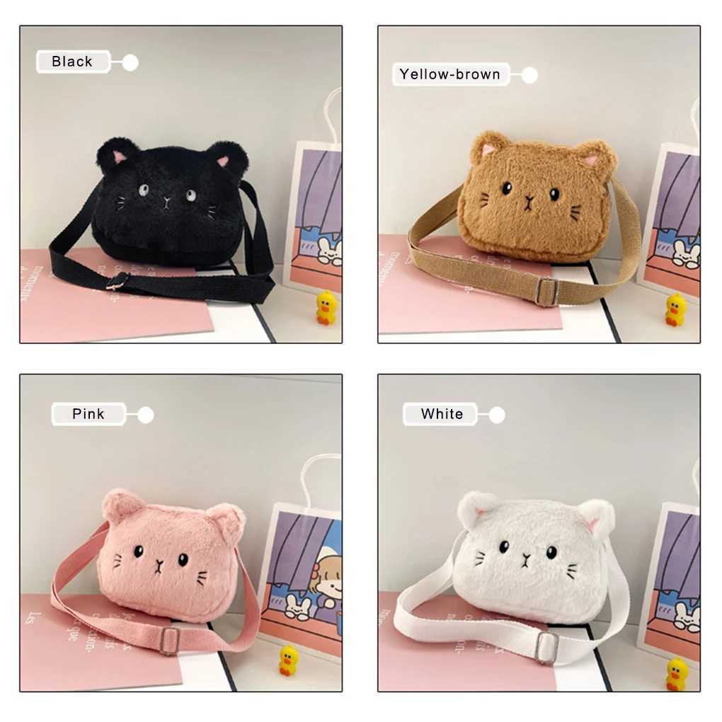 Cat Baby Girls Crossbody Bags Cute Plush Children Shoulder Bag Winter Animal Shape Small Coin Purse Black LX241104