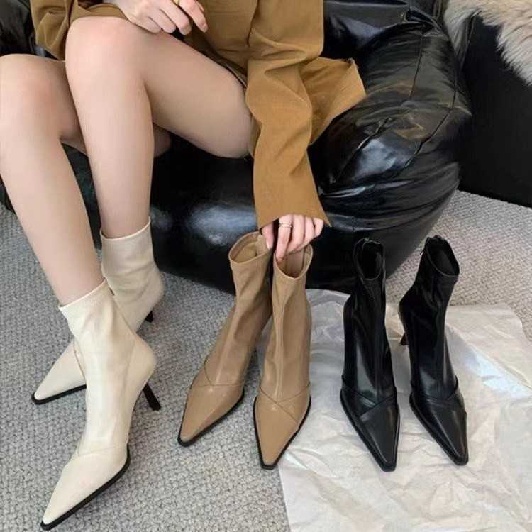 CMM French Thin Heel Pointed Thin Boots High Heels Bare Boots Womens Short Boots Autumn and Winter New Single Boots Korean Version Fashion Boots
