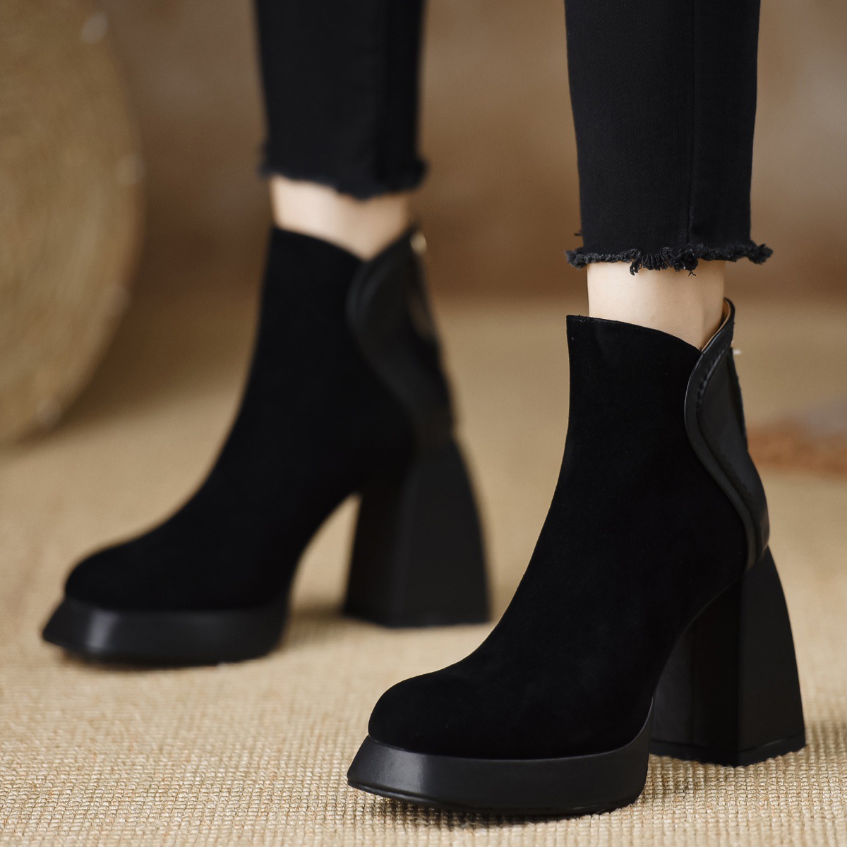 Women's Fashion Boots:NewTrendy High Heel Chunky Heel Round Toe Simple Design Versatile,Black/Coffee,Free shipping