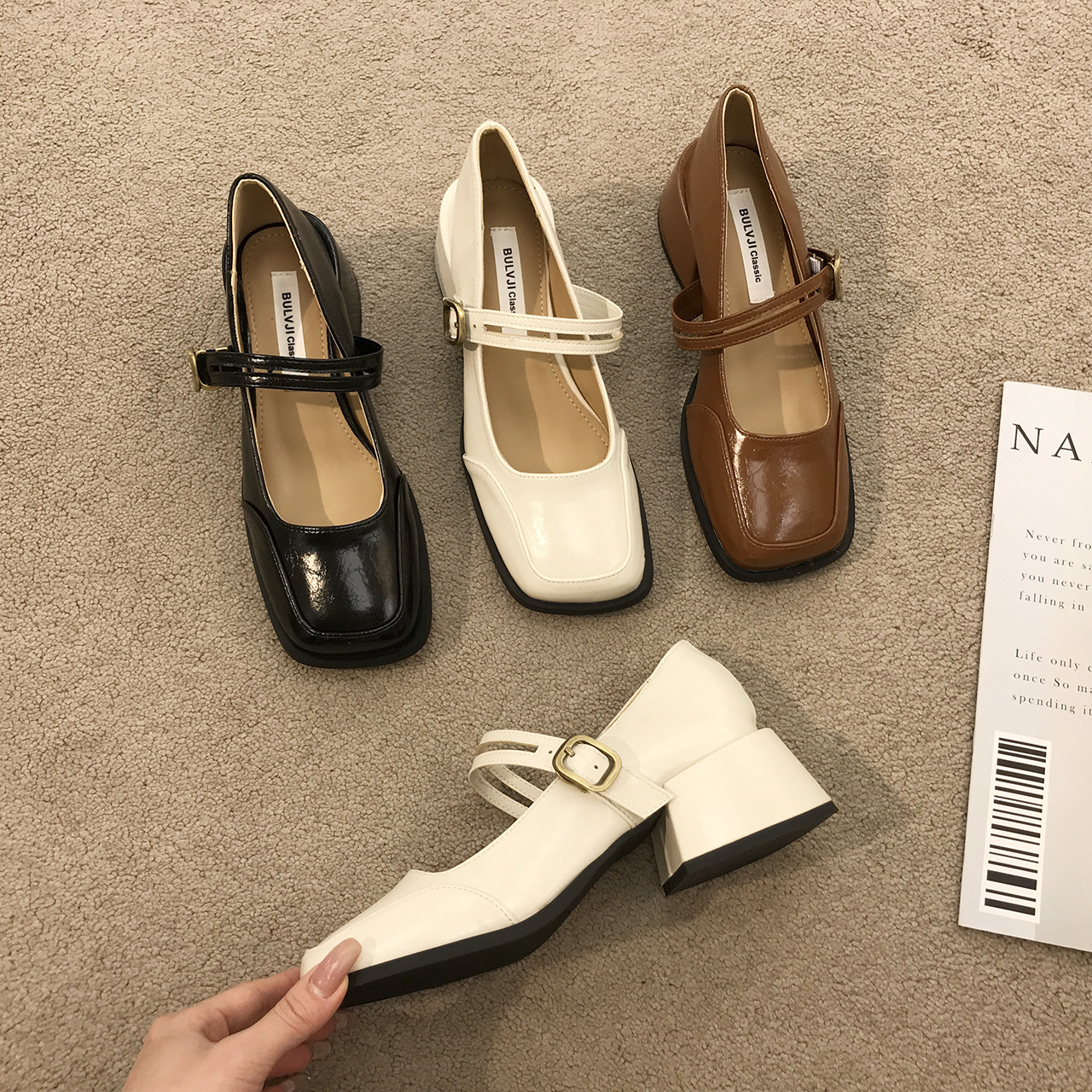 Women's Fashion Dress Shoes:High Heel French Retro Square Toe Chunky Heel Mary Jane Shoes Leather,Black/Brown/Apricot,Free shipping