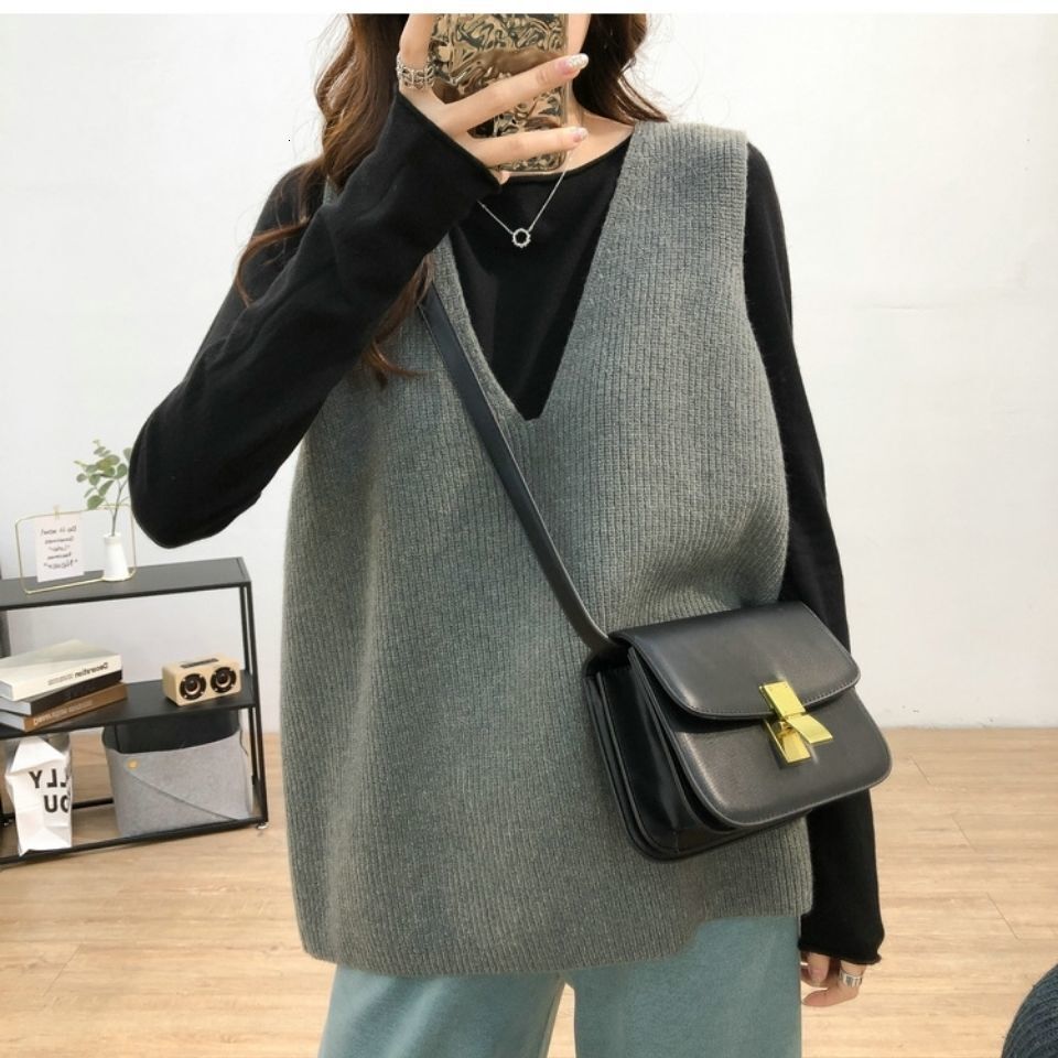 Japanese Korean Minimalist Style Solid Color V Neck Casual Knitted In Autumn And Winter New Pullover Camisole Layered Vest For Women F1104#29