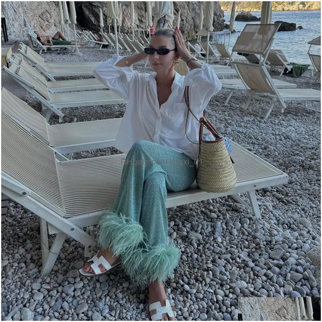 Womens Fashion Shiny Feather Solid Shirt Trouser Set Unique Collar Single Chest Top Autumn Holiday 240903 Drop Delivery Apparel Cloth Dhrze