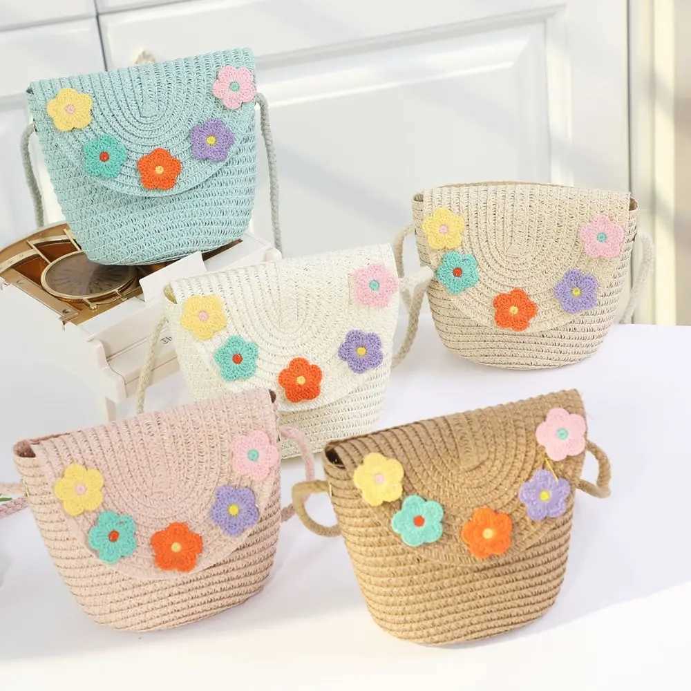 Cute Childrens Woven Straw Bag Handmade Bucket Flower Shoulder Bag Woven Crossbody Bag Girls Key Coin Purse Bag LX241104