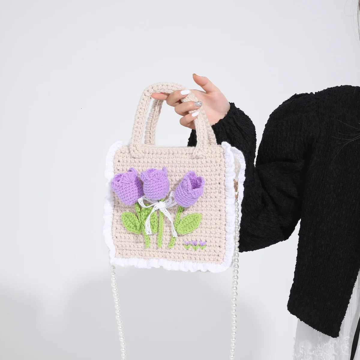Knitting Bags for Women Handmade Woven Handbags with Chain Ladies Fashion Solid Color Square Crochet Bag 240320