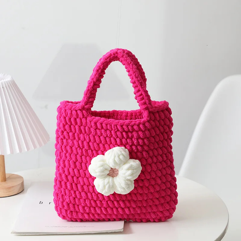 Crochet Knitted Handbag Womens Bag Puff Flower Finished Sweet Flower Handwoven Bag Ice Bar Thread 240320