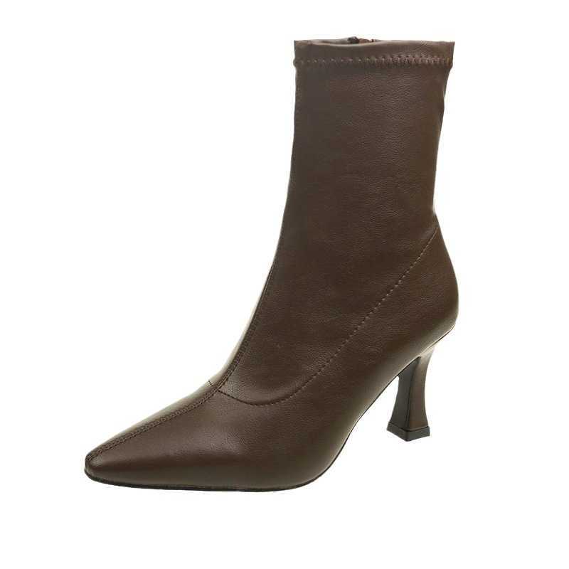 CMM Short Boots for Women Autumn New Elastic Slim Boots Pointed Thin Heels High Heels Mid Calf Boots Minimalist Single Boots