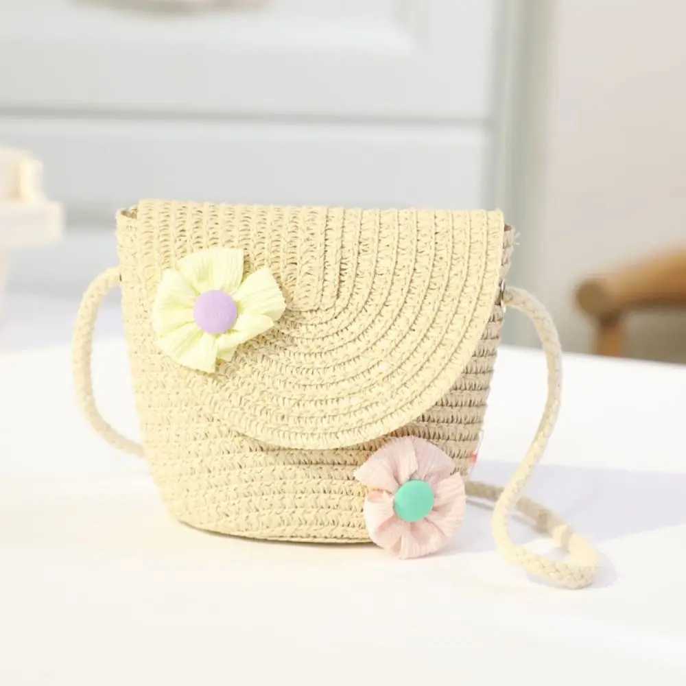 Mini Flip Straw Bag Summer Beach Coin Purse Handmade Woven Crossbody Handbag Photo Props Kid Messenger Bags LX241104