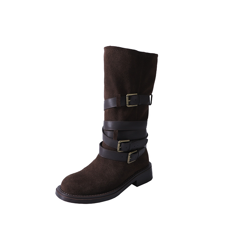Women's Fashion Boots:Buckle Design Middle Boots Slimming Chunky Heel Round Toe,Black/Brown,Free shipping