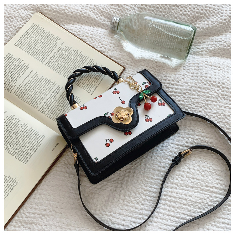2025 Designer New 3 Cute 2024 Cherry Printed Crossbody Fried Dough Twists Handheld Small Square Fresh Color Contrast Design Girl's One Shoulder B